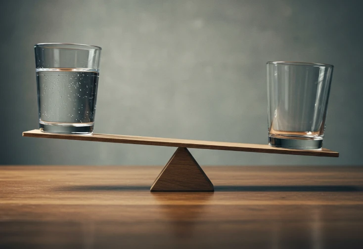 물이 가득 찬 컵과 비어 있는 컵이 시소의 양쪽에 놓여 균형을 이루는 모습