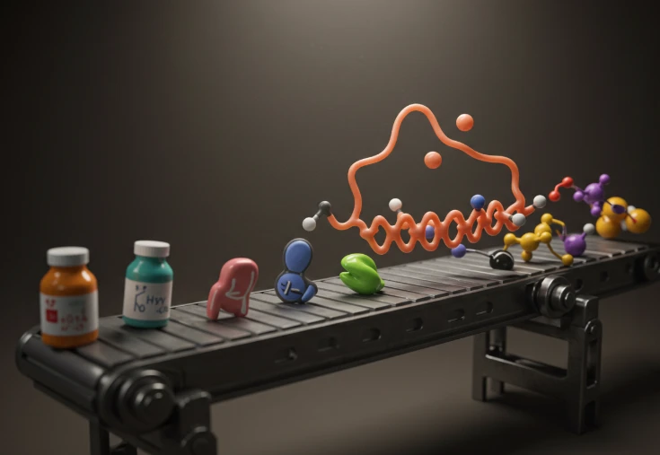 컨베이어 벨트 위에서 다양한 영양소들을 운반하는 알부민의 모습