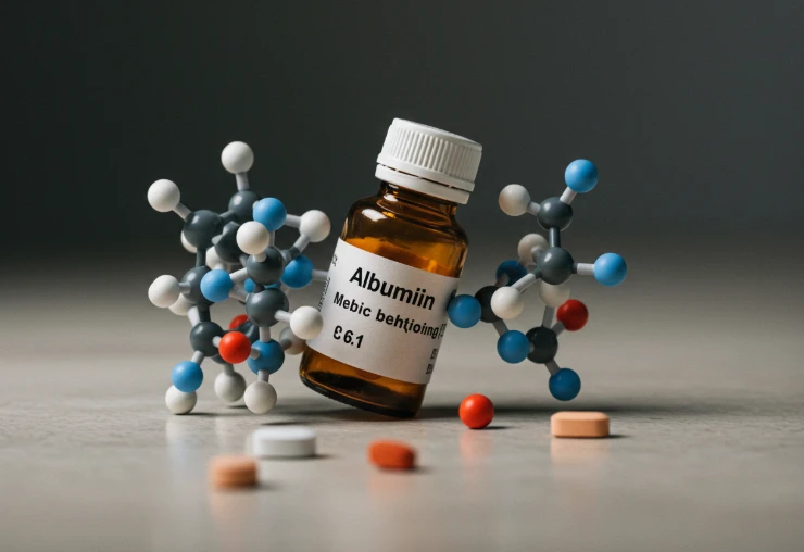 흔들리던 약병이 알부민 분자와 결합해 안정적으로 서 있는 모습