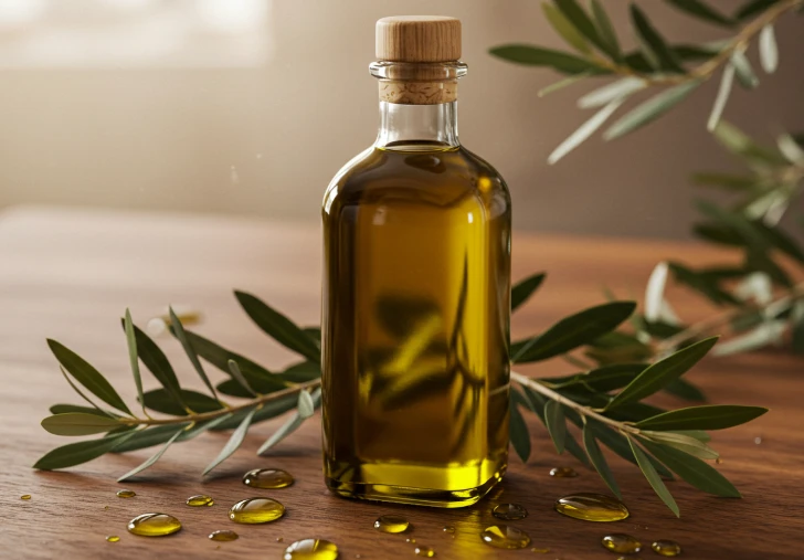 올리브 오일 병과 함께 두피에 영양을 공급하는 모습을 상징하는 이미지