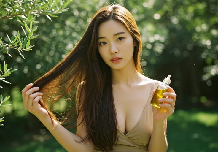 올리브 오일 병을 들고 있는 건강한 머릿결의 여성