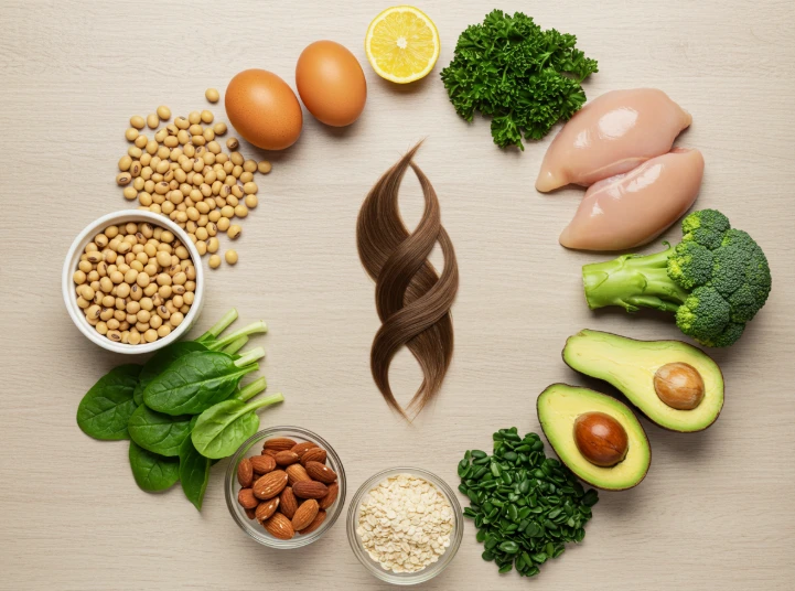 모발 성장에 필요한 영양소를 상징하는 다양한 음식들
