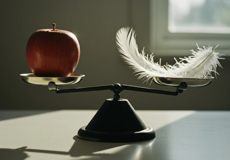 저울에 사과 한 알과 깃털이 균형을 이루는 사진