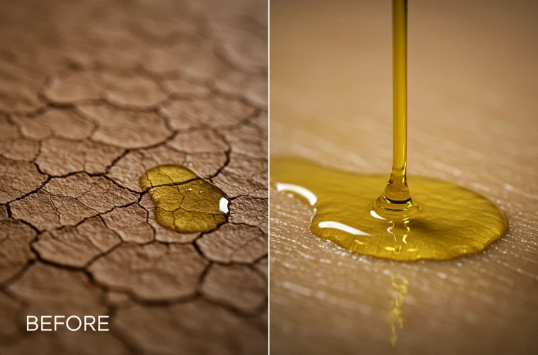 건조한 피부에 올리브 오일이 스며들어 촉촉해지는 모습을 보여주는 사진