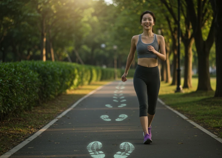 공원 길을 걷는 한국 여성과 그녀의 건강한 발자국