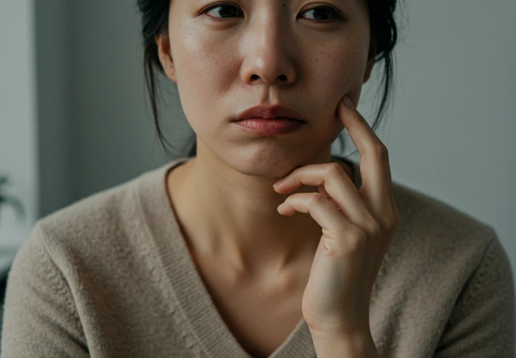 피곤함과 건조함을 느끼며 입 주변을 손으로 만지는 한국인 여성의 상반신.