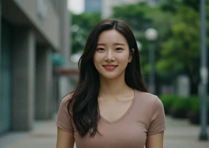 햇살 아래서 활기차게 웃는 한국인 여성.