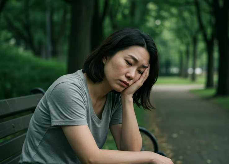 피로와 무기력함을 느끼며 앉아 있는 한국인 여성.