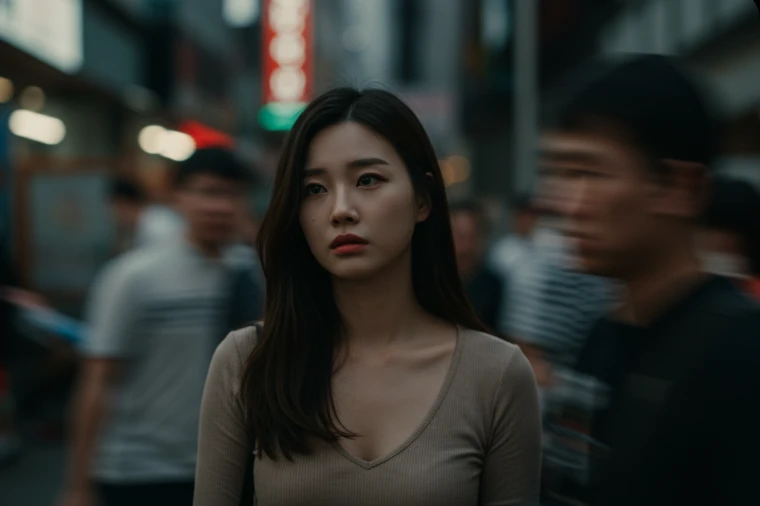 도시의 바쁜 삶 속에서 피곤함을 느끼는 한국인 여성.