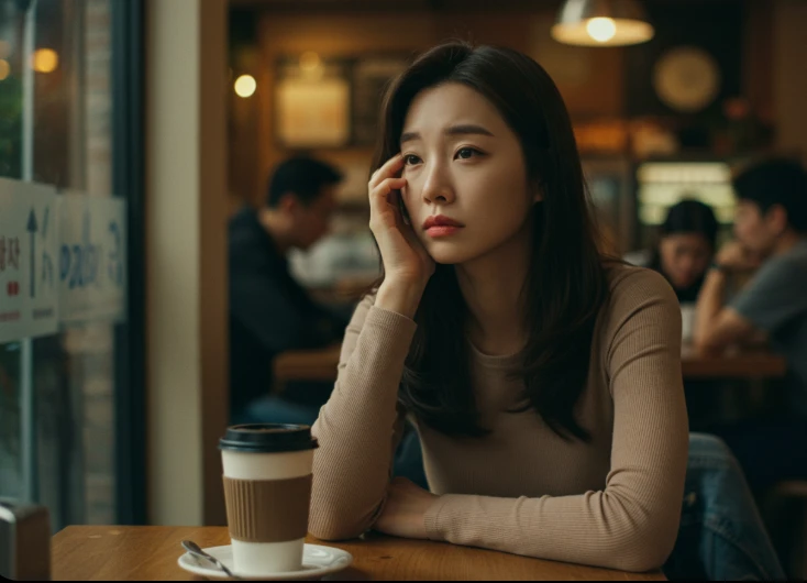 피로와 무기력함을 느끼며 앉아 있는 한국인 여성.