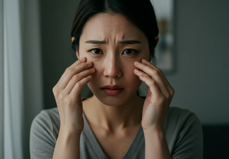 피곤하고 건조한 눈을 비비는 한국인 여성.
