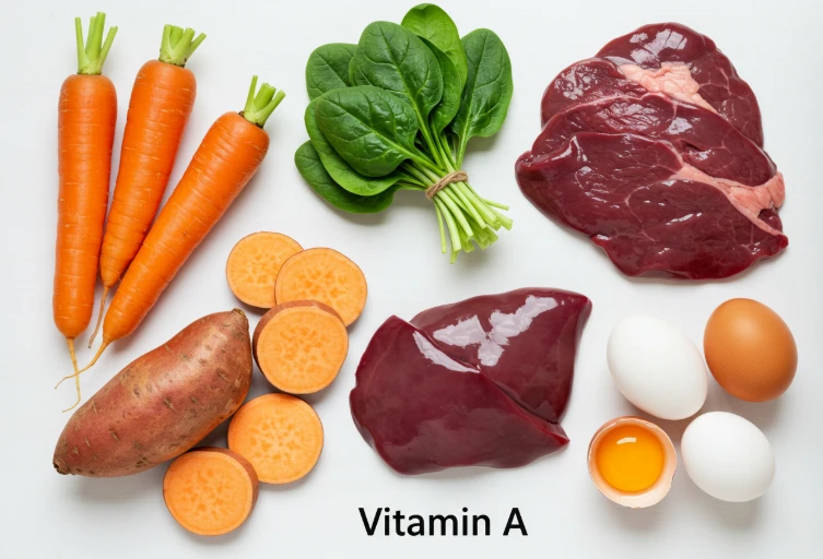 당근, 시금치, 고구마, 소간, 달걀 등 비타민 A가 풍부한 음식들