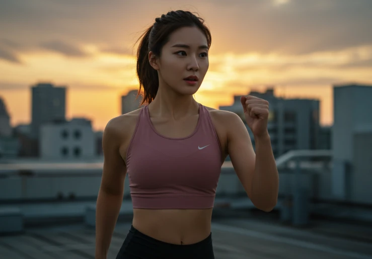 저탄고지 식단의 핵심 원리. 불타오르는 지방과 그 에너지를 상징하는, 활기찬 한국인 여성의 역동적인 모습