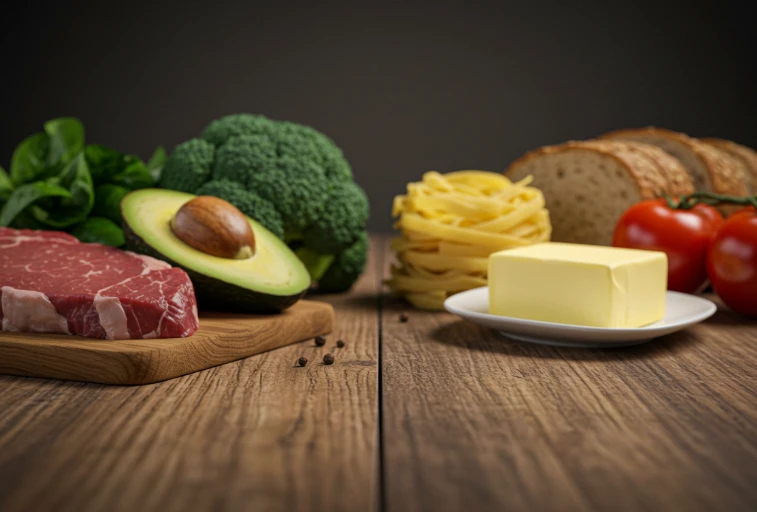 저탄고지 식단 추천: 먹어야 할 음식과 피해야 할 음식. 신선한 육류, 아보카도, 채소와 함께, 흐릿한 초점의 빵과 면이 대비되는 사진