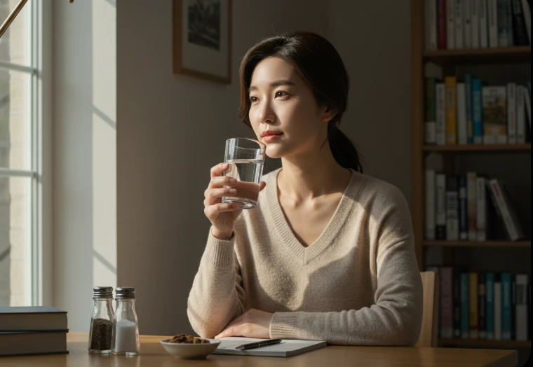 저탄고지 식단 부작용 극복. 물병, 소금, 전해질 보충제가 놓인 테이블 옆에서 편안하게 휴식 중인 한국인 여성의 사진