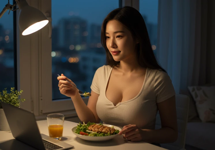 칼로리 낮은 저녁 식단의 중요성. 밤하늘이 보이는 창가에서 가벼운 저녁 식사를 하는 한국인 여성의 사진