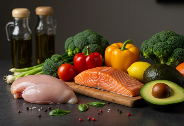 집에서 하는 다이어트 식단 핵심 재료. 닭가슴살, 연어, 채소, 아보카도 등이 한데 모여 있는 사진
