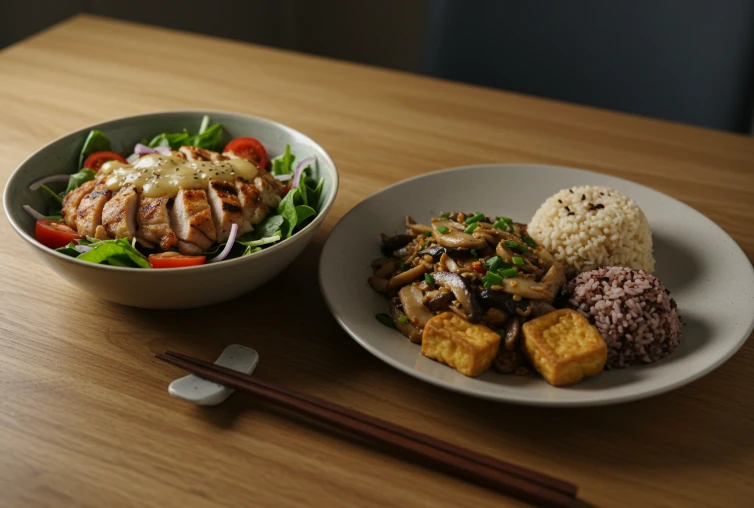 맛있고 건강한 저녁 다이어트 메뉴. 닭가슴살 샐러드와 두부버섯덮밥이 식탁에 차려진 사진
