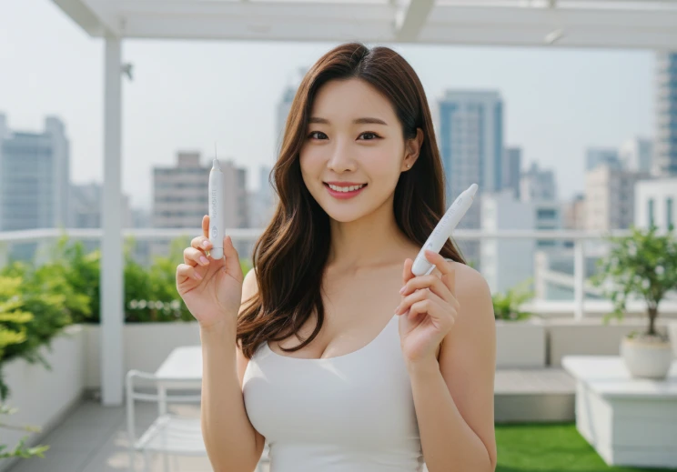 마운자로가 무엇인가요? 펜 모양의 마운자로 주사제와 활기찬 모습의 한국인 여성