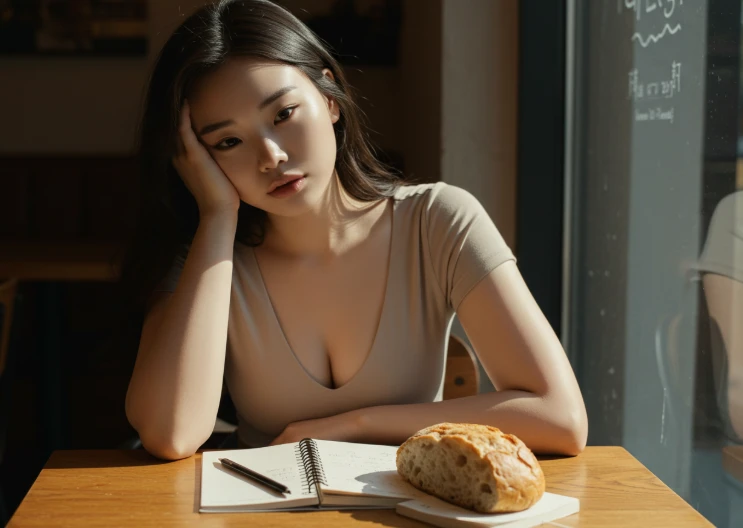 두뇌 안개 현상을 겪고 있는 여성이 멍하니 앉아 있는 모습