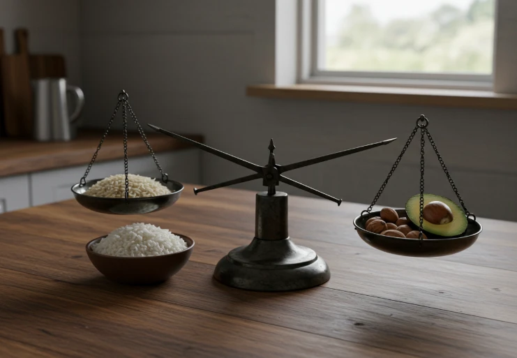 저탄고지 다이어트의 균형을 시각화한 이미지로, 저울 위에 쌀과 아보카도가 놓여 있는 사진