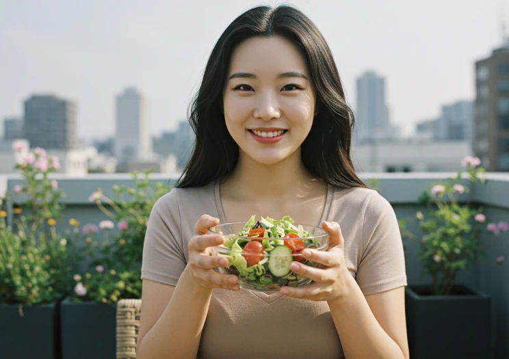 건강한 샐러드를 들고 있는 한국 여성