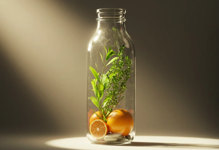 싱그러운 과일과 식물들이 담긴 맑은 유리병에 햇살이 비추는 사진