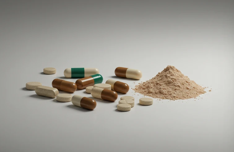 여러 가지 형태의 영양 보충제 알약과 캡슐이 놓여 있는 사진