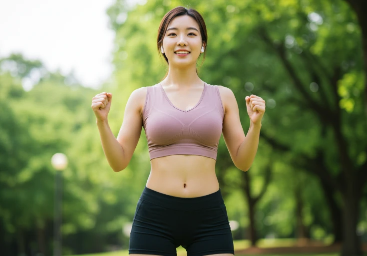 야외 운동 중 건강하고 활기찬 모습의 20대 한국 여성 사진