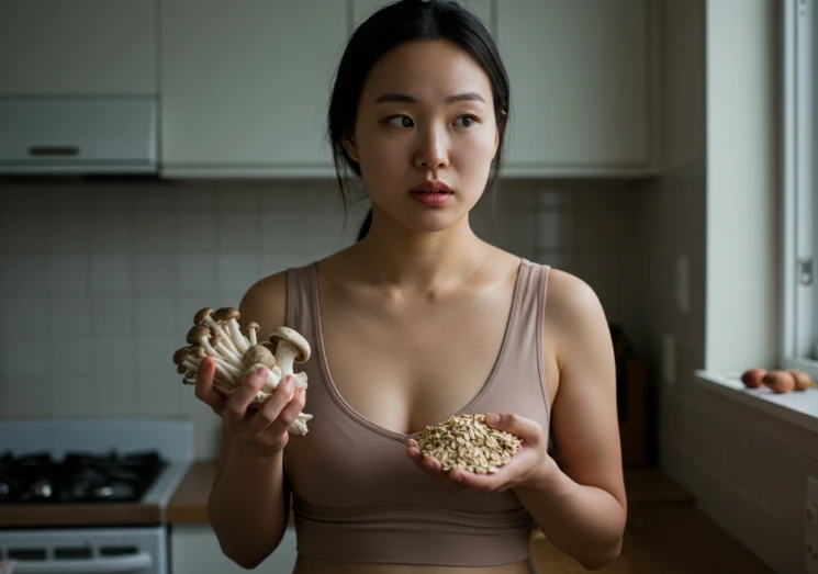 베타글루칸이 풍부한 버섯과 곡물을 들고 있는 한국 여성