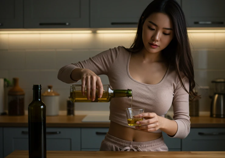 밤에 부엌에서 올리브 오일을 컵에 따르는 한국 여성