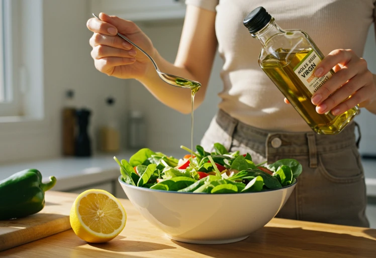신선한 샐러드에 올리브 오일과 레몬즙을 뿌리는 손