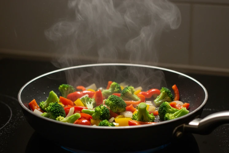 팬 위에서 올리브 오일과 함께 볶아지는 채소