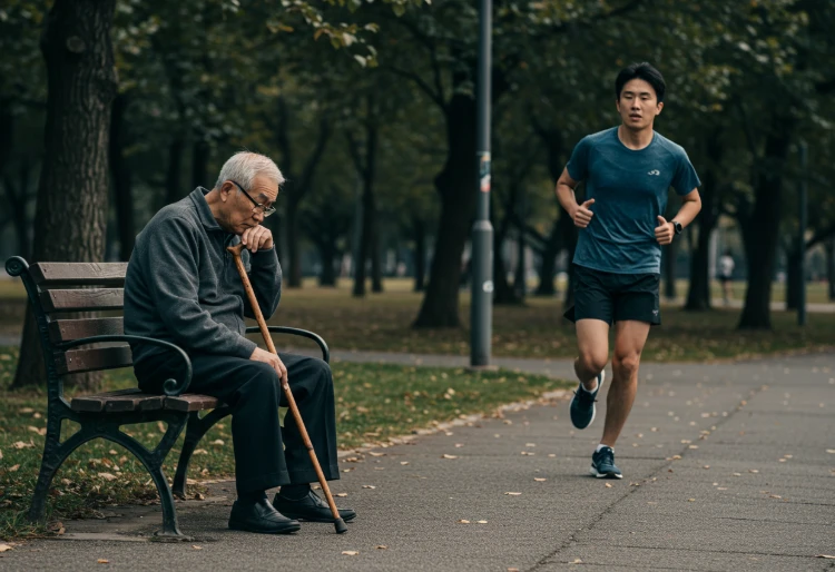 공원 벤치에 앉아 지팡이를 짚은 노인과 뛰어가는 젊은 사람