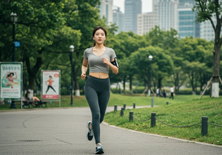 공원에서 운동하는 한국 여성과 사회적 지원을 상징하는 배경