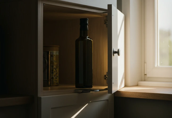햇빛이 들지 않는 어두운 주방 수납장 속 올리브 오일 병