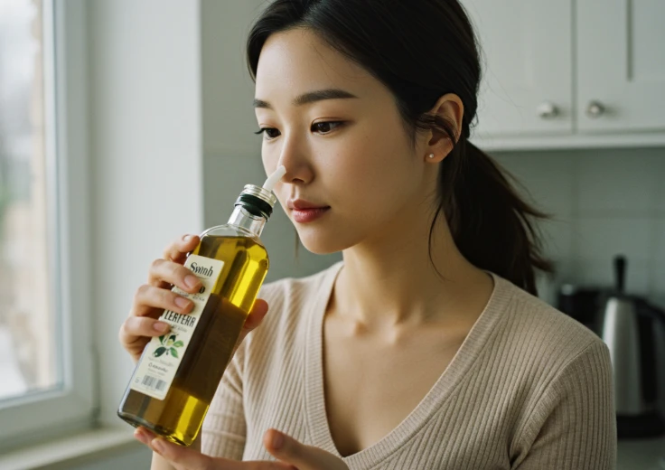 올리브 오일 병의 뚜껑을 열고 냄새를 맡는 한국 여성