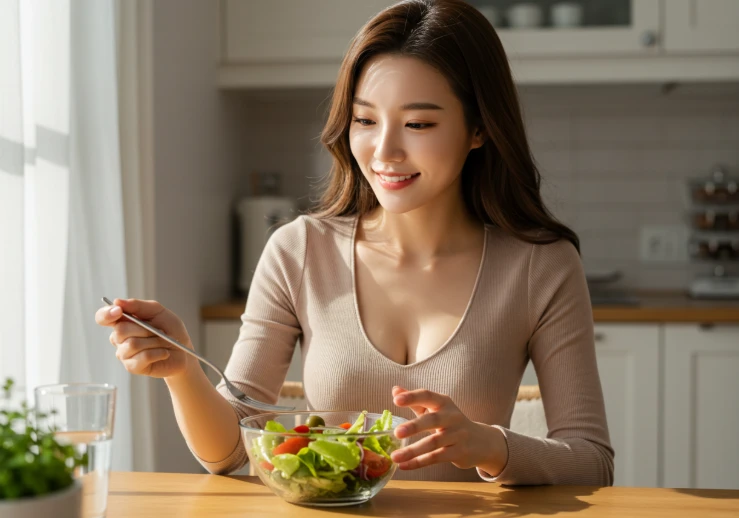 올리브 오일 샐러드를 바라보며 미소 짓는 한국 여성