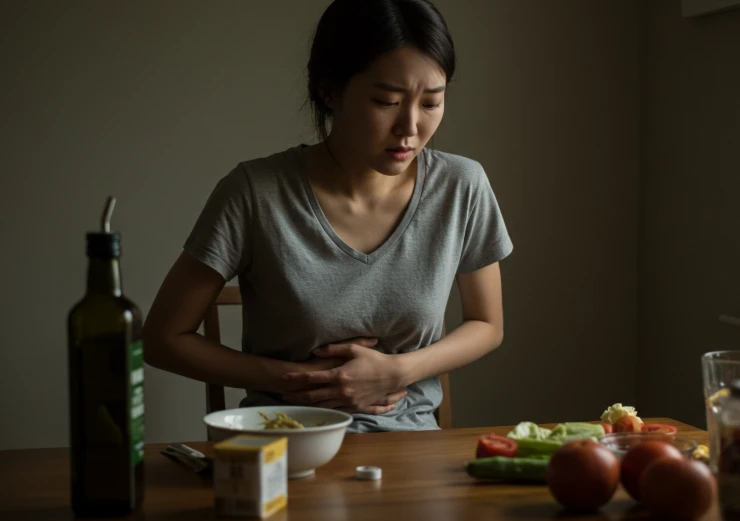 복통으로 불편해하는 한국 여성과 올리브 오일 병