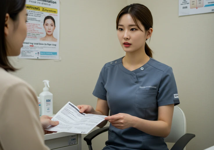 환자에게 복약 지도를 하는 한국인 의료진