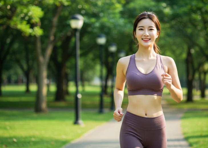 상쾌한 아침에 활기차게 걷는 한국 여성