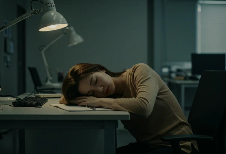 사무실 책상에 엎드려 있는 한국 여성