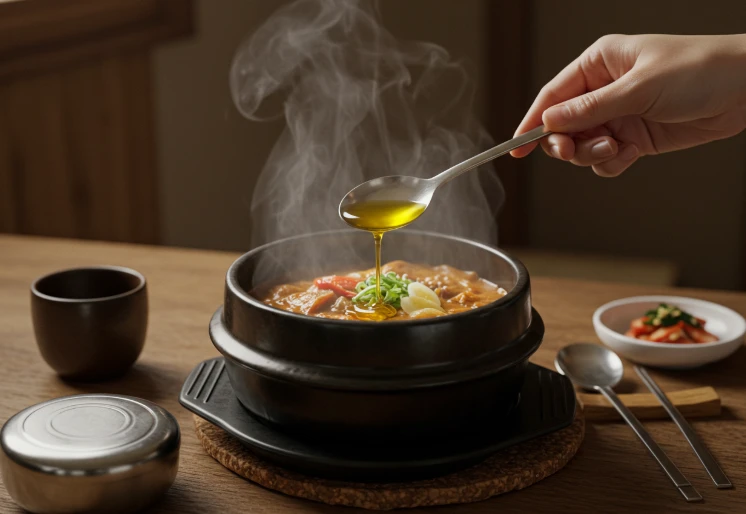 끓인 된장국에 올리브 오일을 넣는 모습