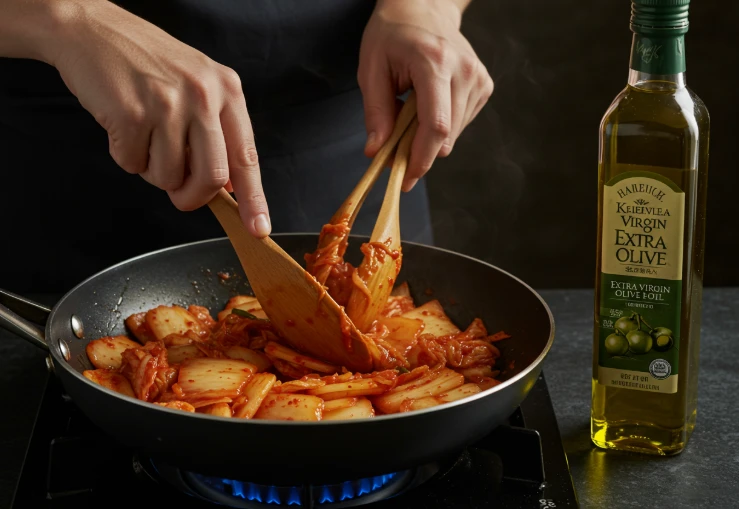 볶음 김치를 만들 때 올리브 오일을 사용하는 모습