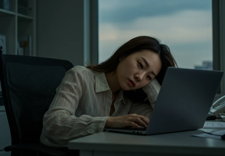 사무실 창가에 앉아 피곤해하는 한국 여성