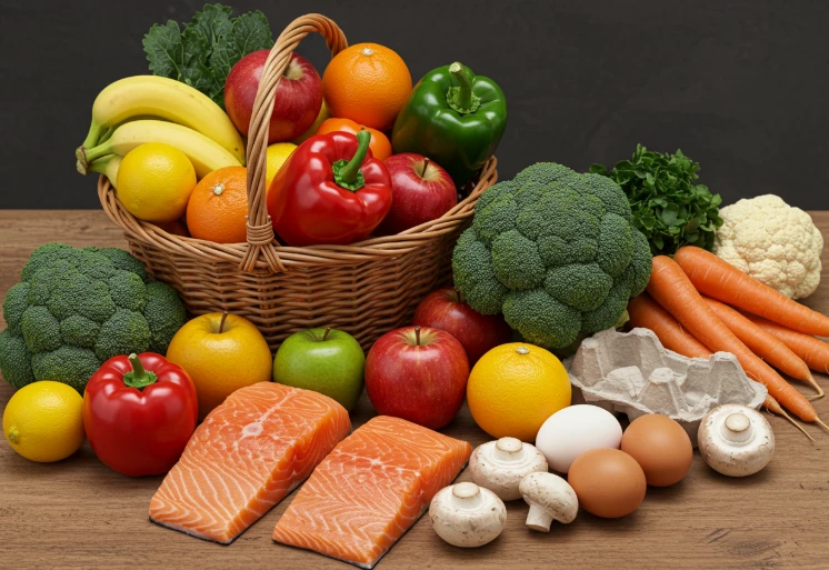 연어, 버섯, 계란과 함께 놓인 과일과 채소 바구니