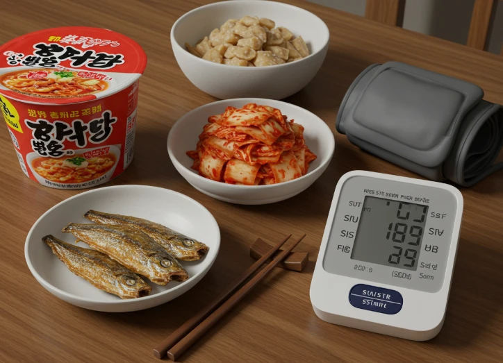 고나트륨 음식과 혈압계가 함께 놓인 사진