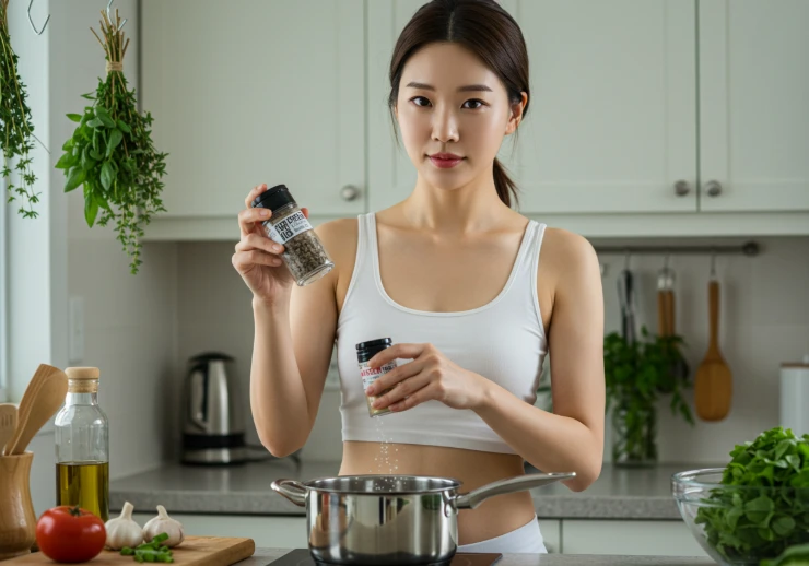 요리하며 소금 대신 천연 향신료를 사용하는 한국 여성