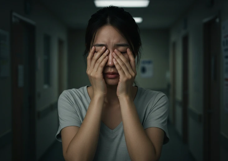 충혈된 눈을 손으로 가리고 있는 한국 여성