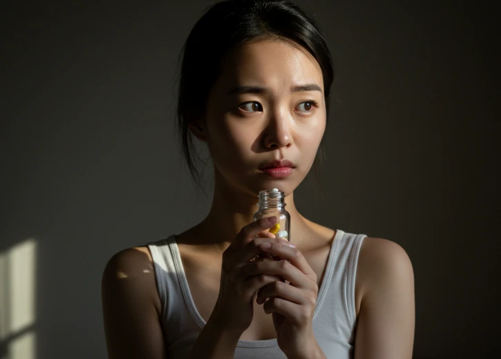 비타민 영양제 병을 들고 고민하는 한국 여성